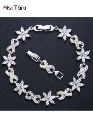 Gold Plated with Sparkling Flower Shape AAA+ zircon Bracelet for Women Ideal For Wedding Prom Pageant and Party 