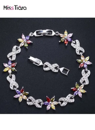Gold Plated with Sparkling Flower Shape AAA+ zircon Bracelet for Women Ideal For Wedding Prom Pageant and Party 