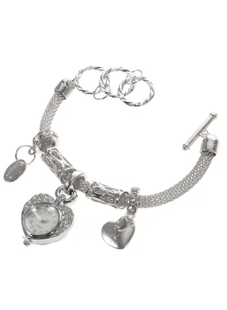 Crystal Heart Charm Bracelet Watch for Women, Silver Alloy Cuff Bracelet, Women's Charm Bangle Watch 