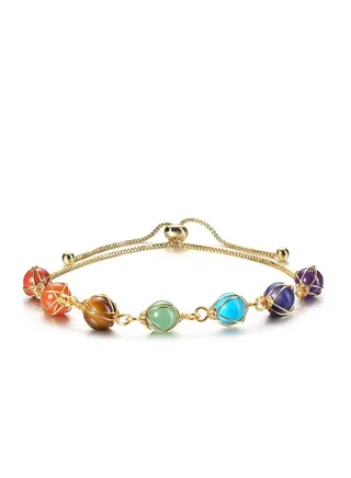 Chakra Bracelets for Women, 8mm Yoga Beaded Bracelets for Boys Girls, Mens Adjustable 7 Chakras Crystals and Healing Stones Bracelets, 14K Gold Wire Wrapped 