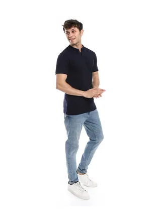 Basic T-Shirt Henely Neck Cotton Men Short Sleeve _ Navy Blue 