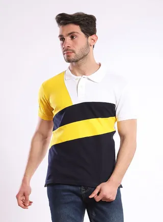 Tri-toned Short Sleeves Polo Shirt - White, Black & Mustard 