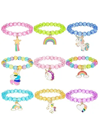 Colorful Unicorn Bracelet, Girls Unicorn Bracelets Rainbow Unicorn Beaded Bracelet Acrylic Bracelet for Birthday Party Favors Pretend Play Friendship Jewelry Dress Up Game Props, 9 Pieces 