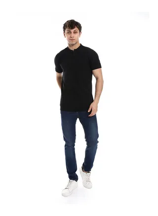 Basic Henely Neck T-Shirt With Neck Collar _ Black 