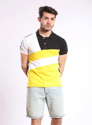 Tri-toned Short Sleeves Polo Shirt - Black, White & Mustard 
