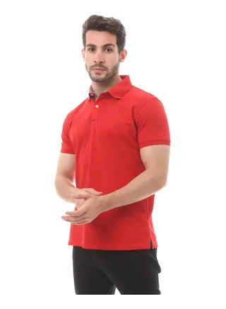 Turn Down Collar Cotton Polo Shirt-Red 