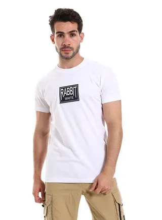 White Rabbit Round Neck Slip On Tee With Stitched Patch - White 