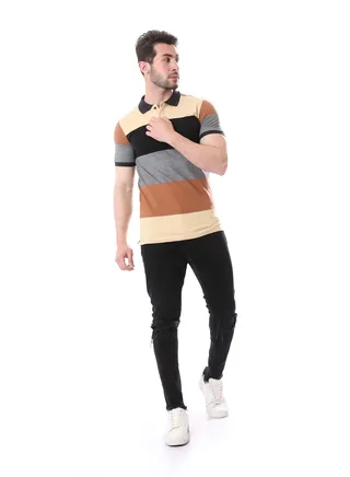 Turn Down Collar Striped Polo Shirt - Black, Heather Grey & Camel 