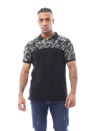 Patterned Shoulders & Solid Polo Shirt - Black & White 