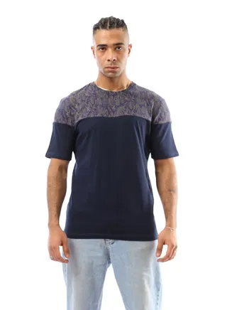 Patterned Shoulders & Solid Navy Blue & Mocha Tee 