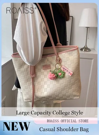 Women Canvas Single Shoulder Bag Spacious Student Bag Ladies Zippered Tote Bag for Commuting 