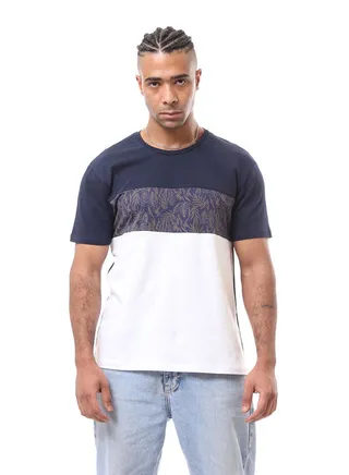 Bi-Tone White & Navy Solid & Patterned Short Sleeves Tee 