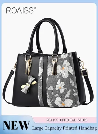 Women's Pu Leather Patchwork Printed Handbag Elegant And Adjustable Detachable Shoulder Bag Zipper Opening And Closing Design Multi-Layer Large Capacity Tote Bag 