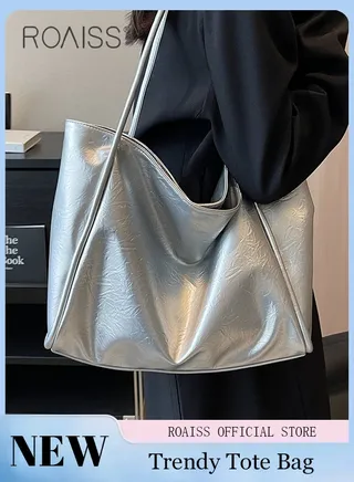 Large Capacity Tote Bag for Women PU Leather Exquisite Sewing Thread Shoulder Bag Ladies Simple Stylish Handbag with Hardware Suction Buckle and Internal Patch Pocket 