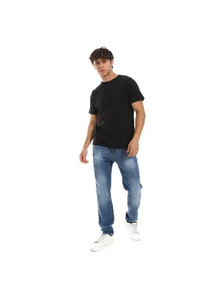 Slip On Textured Short Sleeves Cotton Tee-Black 