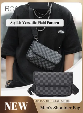 Plaid Pattern PU Leather Shoulder Bag for Men Clamshell Adjustable Strap Waterproof Large Capacity Crossbody Bag Mens Classic Business Commuting Leisure Travel Street Trend Backpack 