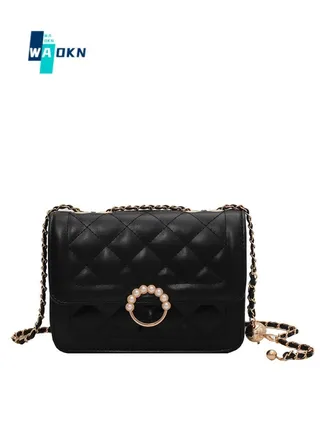 New Fashion Pearl Chain Women's Multifunctional Shoulder Bag, PU Leather Retro Classic Women's Handbag with Chain Crossbody Bag (Black) 