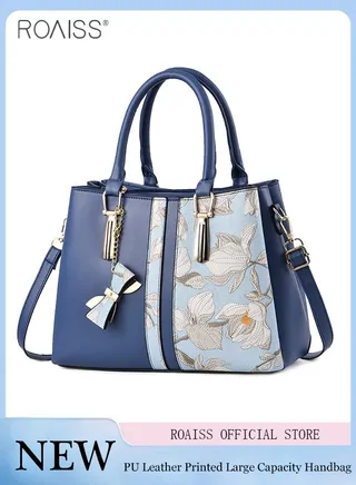 Women's Pu Leather Patchwork Printed Handbag Elegant And Adjustable Detachable Shoulder Bag Zipper Opening And Closing Design Multi-Layer Large Capacity Tote Bag 