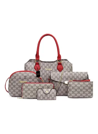 6-Piece Retro Fashion Shoulder Bag Set Grey/Red 