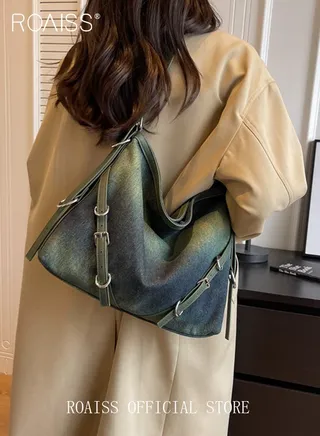 Ladies Vintage Gradient Denim Single Shoulder Crossbody Bag Commuter Casual Tote with Large Capacity Stylish Retro Bag for Everyday Use 