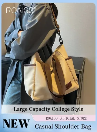 Large Capacity Shoulder Bag  Durable Macaron Color Scheme Smooth Zipper Solid Color Tote Bag 