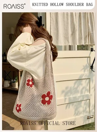 Women's Shoulder Bag Tote Bag Flower Pattern Knitted Bag Hollow 