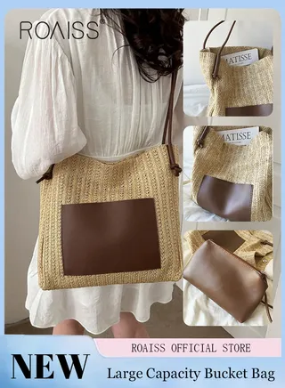 Women Woven Tote Bag Large Capacity Shoulder Crossbody Bag Retro Style Woven Craft Beach Bag 