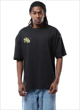 Printed Slip On Black Tee with Drop Shoulders 