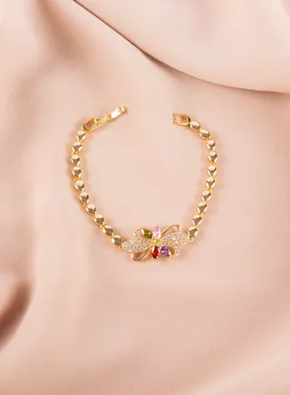 Chinese Gold Bracelet With Multi Colored Zirconic Flower 