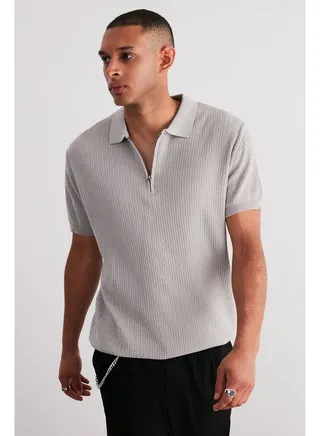 Men's Stone Regular Fit Openwork Zippered Knitwear Polo Collar T-Shirt 