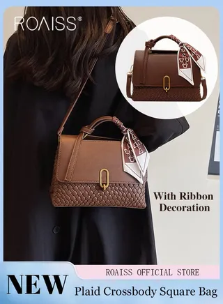 Women Crossbody Bag Color Block Patchwork Design Horizontal Square Shape Classic and Timeless Stylish Silk Scarf Decoration Can be Worn as a Shoulder or Crossbody Bag Women Tote Handbag 