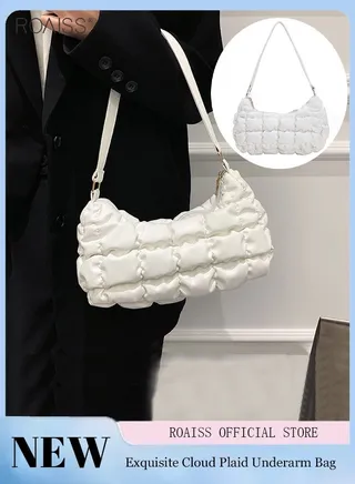 Women's Retro Handbag Pleated Solid Underarm Bag Versatile Handbag Zipper Closure 