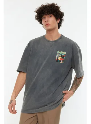 Anthracite Men's Relaxed/Comfortable Fit Aged/Faded Effect Mystical Printed  Short Sleeve T-Shirt 