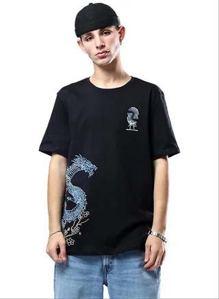 Black Crew Neck Tee with Printed Dragon 