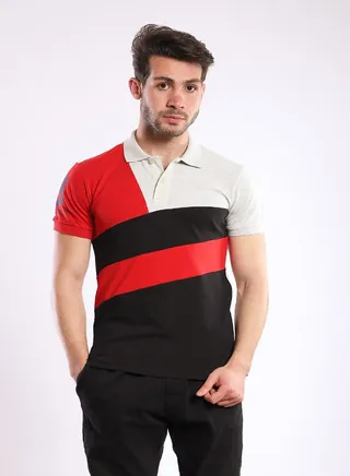 Tri-toned Short Sleeves Polo Shirt - Red, Black & Heather Beige 