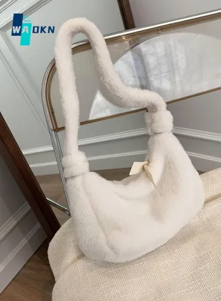 Women's Simple Design Soft Plush Shoulder Bag, Ladies Fashion Armpit Bag Handbag, Elegant Solid Color Carrying Bag Wrist Bag Small Bag（White） 