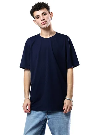 Elbow-Sleeves Crew Neck Navy Blue Tee 