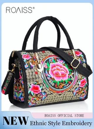 Women's New Fashion Bags Ethnic Style Embroidered Portable Messenger Bag Floral Pattern Travel Shoulder Handbag 