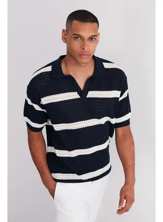 Navy Blue Men's Regular Fit Striped Leakage Pat Limited Edition Knitwear Polo Collar T-Shirt 
