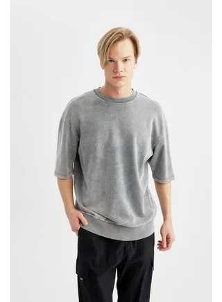 Man Loose Fit Crew Neck Short Sleeve Knitted T-Shirt 