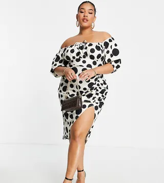 ASOS DESIGN Curve milkmaid neck ruched pencil midi dress in dot print
