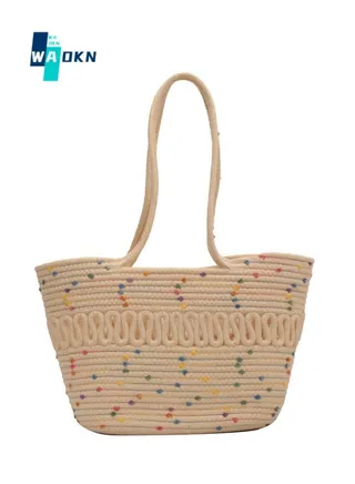 Women's Hollow Cotton Thread Woven Shoulder Bag, Ladies New Large-capacity French Handbag Carrying Bag, Stitching Color Seaside Vacation Beach Bag Tote Bags 