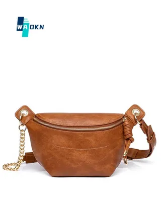 Women's Retro Fashion Chain Crossbody Bag, Ladies Chain Chest Bag Waist Bag Belt Bag, PU Leather Solid Color Shoulder Bag Handbag Sling Bag Side Bag Carry Bag(Brown) 