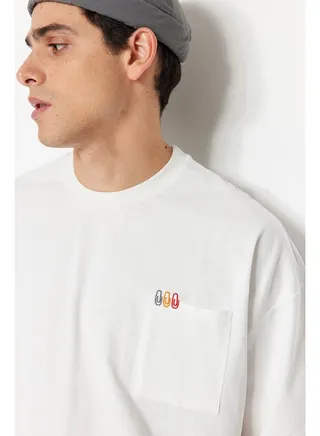Men's Oversize/Wide Cut Short Sleeve Color Minimal Embroidery Embroidered Pocket 
