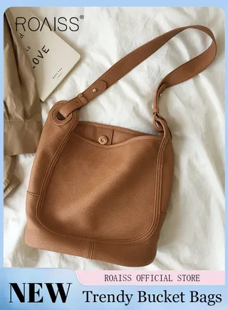 Large-Capacity Bucket Bag for Women Can Be Used As A Cross-Body Bag Fashionable and Versatile Retro Casual Soft Leather Separate Ipped Bag Inside 