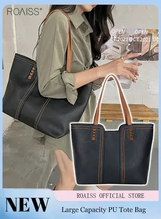 Pu Leather Large Capacity Tote Bag Fashionable Retro Large Capacity Shoulder Bag Soft Leather Contrast Design Handbag 