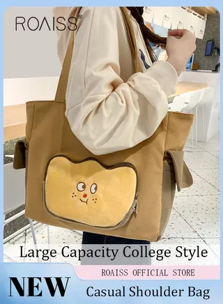 Large Capacity Shoulder Bag  Durable Macaron Color Scheme Smooth Zipper Solid Color Tote Bag 