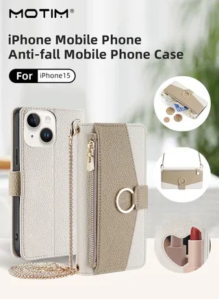 Compatible with iPhone 15 Case with Lanyard Strap Credit Card Holder 6.1", Protective Crossbody Wallet PU Leather Handbag Purse Kickstand Make Up Mirror Cover Phone Case for Men Women Girl 