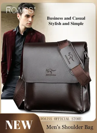 Business PU Leather Shoulder Bag for Men 7 Pockets Clamshell Adjustable Strap Waterproof Large Capacity Crossbody Bag Mens Classic Commuting Premium Textures Backpack 