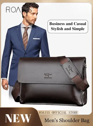 Business PU Leather Shoulder Bag for Men 7 Pockets Clamshell Adjustable Strap Waterproof Large Capacity Crossbody Bag Mens Classic Commuting Premium Textures Backpack 